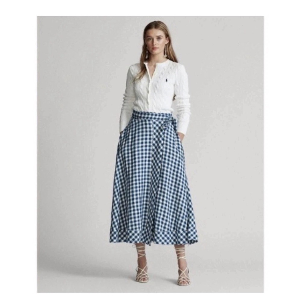 POLO RALPH LAUREN Gingham Plaid Linen Wrap Skirt Women Small Blue White Cottage - Picture 9 of 9